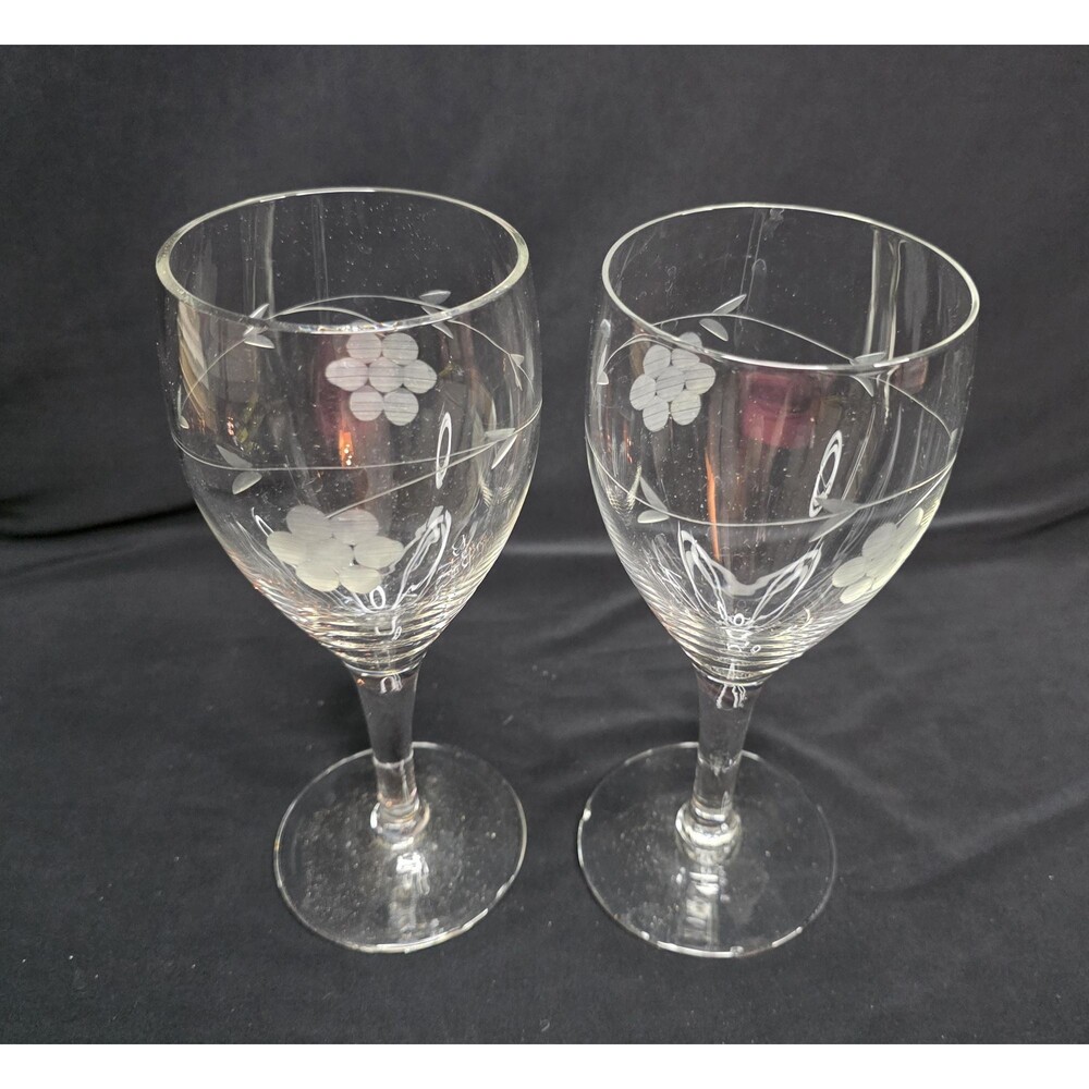 Vintage Etched Grape Vine Stemmed Water Glasses | Pair | Clear Glass 7" Tall